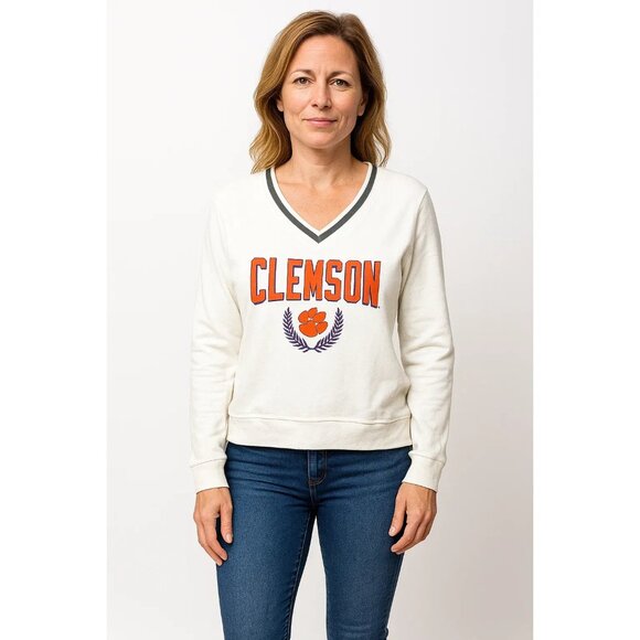League Tops - League 91 Varsity White V-Neck Sweatshirt Clemson Paw Size Small